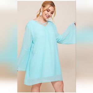 Sky blue swiss dot and trumpet sleeve dress